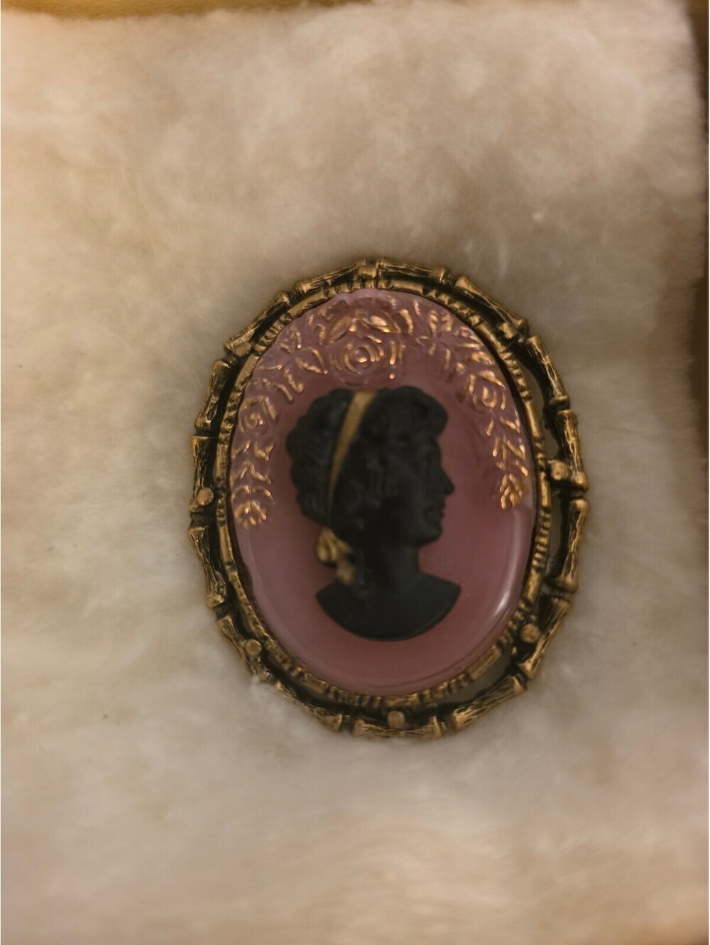 Vintage Cameo Brooch with Black Profile on Pink Background and Gold-tone Frame